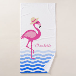 Cute roze flamingo zee golft monogram badhanddoek