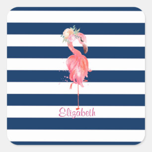 Cute Roze Flamingo's Bloem,Gestreept Vierkante Sticker