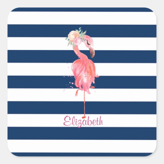Cute Roze Flamingo's Bloem,Gestreept Vierkante Sticker (Voorkant)