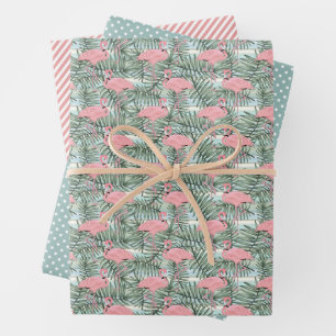 Cute Roze Flamingo's Palmboom Bladeren Aquarel Inpakpapier Vel