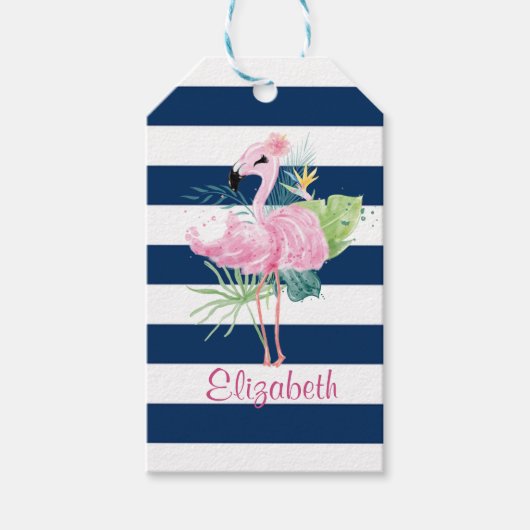 Cute Roze Flamingo'sTropisch blad, gestreept Cadeaulabel (Voorkant)
