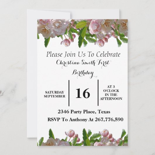 Cute roze Floral Baby Birthday Party Invitation Kaart (Voorkant)