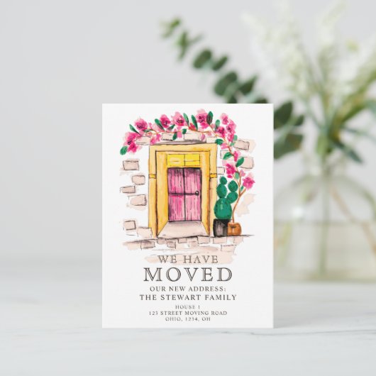 Cute roze florale cactus deur nieuwe thuisbeweging aankondigingskaart (Staand voorkant)