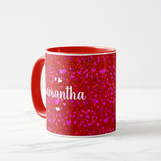 Cute roze folie harten glitter monogram name scrip mok (Voorkant links)