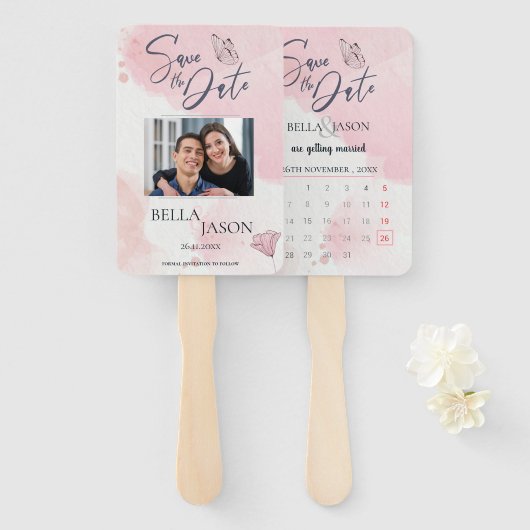 Cute Roze Foto Huwelijk Save The Date Agenda Handwaaier (Voorkant en achterkant)
