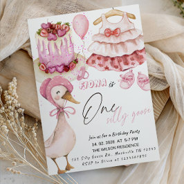 Cute Roze Gans Eerste Verjaardagsfeestje voor Meis Kaart