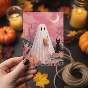 Cute Roze Geest en Zwarte Kat Briefkaart