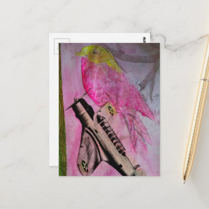 Cute Roze Gele Vogel en Vintage Vliegtuig Collage Briefkaart