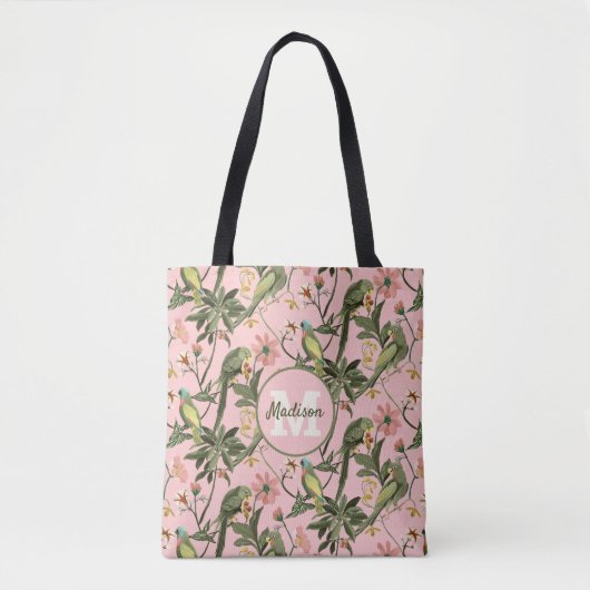 Cute roze gepersonaliseerde monogram tropische pap tote bag (Voorkant)