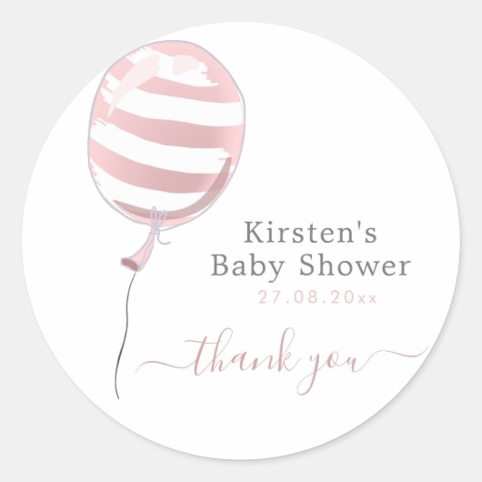 Cute roze gestreept ballon - Baby shower Dank u Ronde Sticker (Voorkant)