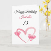 Cute roze gestreept hart 13e verjaardag kaart (Gele Bloem)