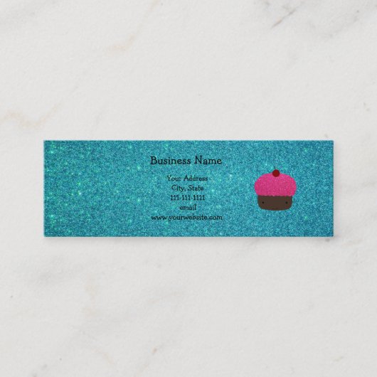 Cute roze glitter cupcake turkooizen glitter mini visitekaartje (Voorkant)