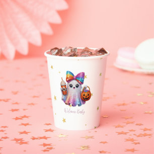 Cute Roze Glitter Geest met Strik Halloween Acryl Papieren Bekers