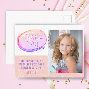 Cute Roze Glitter Meisjesachtige Verjaardag Bedank Briefkaart