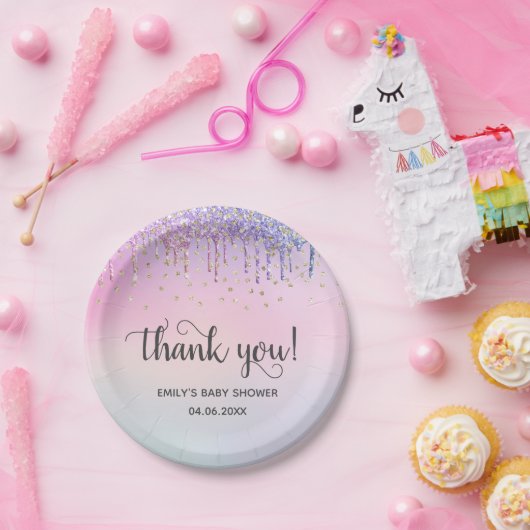 Cute Roze & Gold Rainbow Glitter Drift Baby shower Papieren Bordje (Feest)