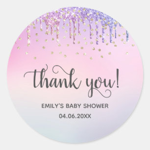 Cute Roze & Gold Rainbow Glitter Drift Baby shower Ronde Sticker