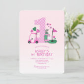 Cute Roze Golf 1e Verjaardagsuitnodiging Kaart (Staand voorkant)