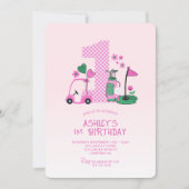 Cute Roze Golf 1e Verjaardagsuitnodiging Kaart (Voorkant)