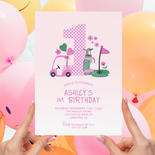 Cute Roze Golf 1e Verjaardagsuitnodiging Kaart