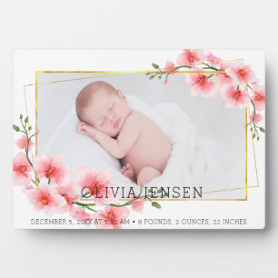Cute Roze Gouden Bloemige Waterverf Babymeisje Fot Fotoplaat