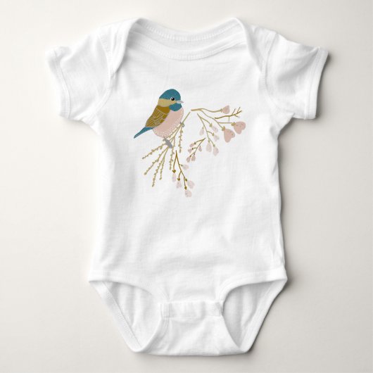 Cute Roze Gouden Mees Vogel Bloemhartjes Romper (Voorkant)