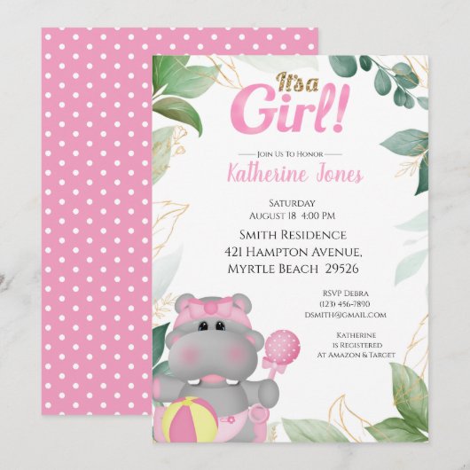 Cute Roze Gouden Nijlpaard Baby Shower Uitnodiging (Voorkant / Achterkant)