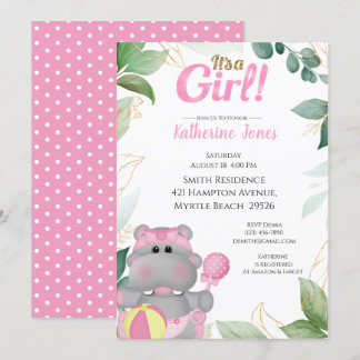 Cute Roze Gouden Nijlpaard Baby Shower Uitnodiging