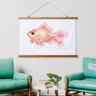 Cute Roze Goudvis met Hartjes Kawaii Hout Hangend Wandkleed