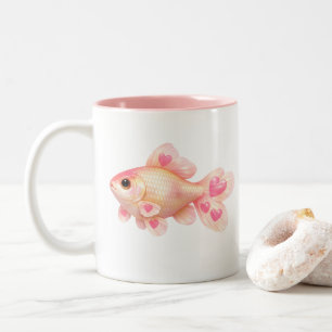 Cute Roze Goudvis met Hartjes Kawaii Twee-Tons Tweekleurige Koffiemok