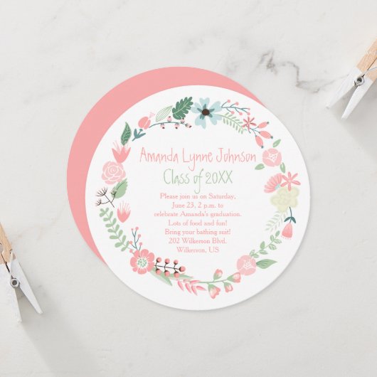 Cute roze groene bloemen Wreater Afstuderen nodigt Kaart (Voorkant / Achterkant in situ)