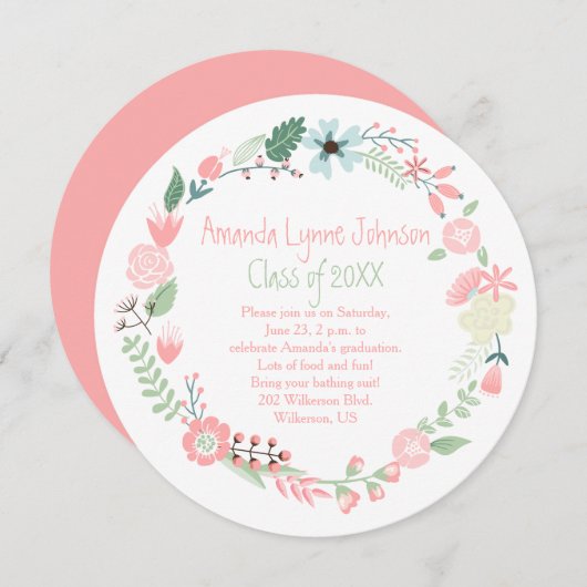Cute roze groene bloemen Wreater Afstuderen nodigt Kaart (Voorkant / Achterkant)
