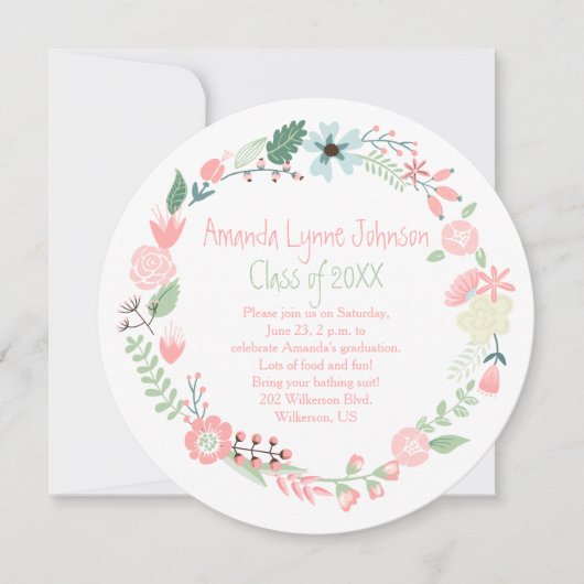 Cute roze groene bloemen Wreater Afstuderen nodigt Kaart (Voorkant)
