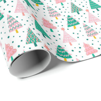 Cute Roze & Groene Kerstbomen Patroon Cadeaupapier