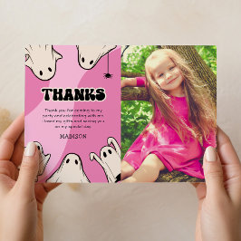 Cute Roze Halloween Foto Verjaardag Bedankkaart