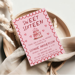 Cute Roze Hand Getekende Taart & Hartjes 16e Verja Kaart