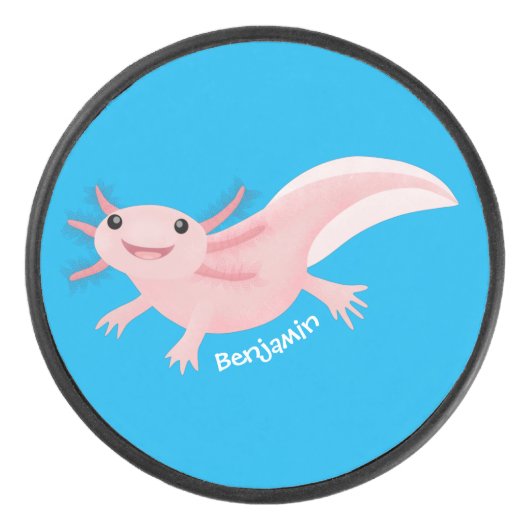 Cute roze happy axolotl hockey puck (Voorkant)
