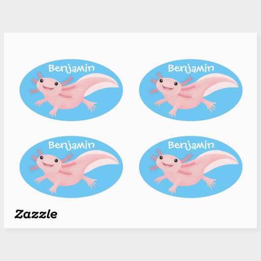 Cute roze happy axolotl ovale sticker (Vel)