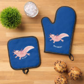 Cute roze happy axolotl ovenwant & pannenlap set (Top down)