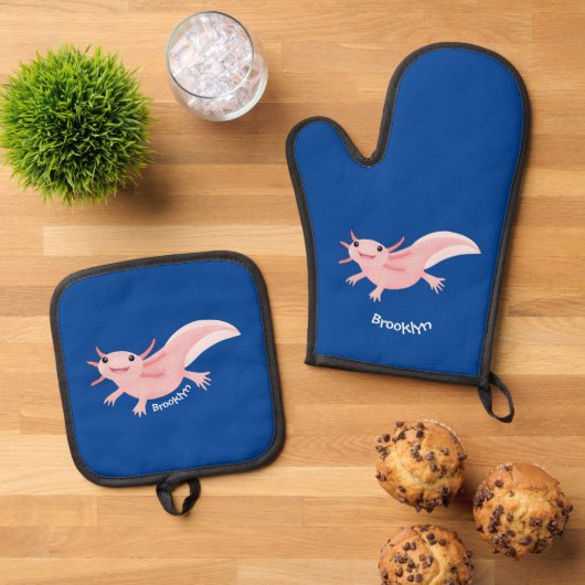 Cute roze happy axolotl ovenwant & pannenlap set (Top down)