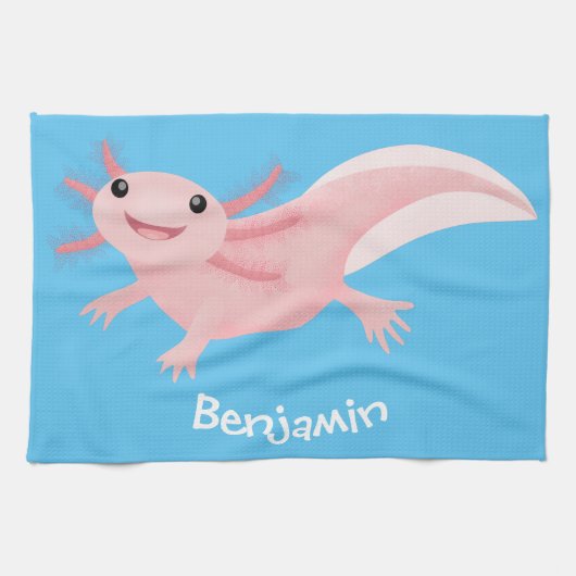 Cute roze happy axolotl theedoek (Horizontaal)