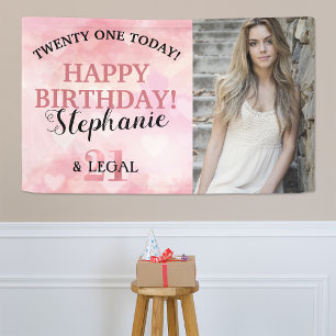 Cute Roze Hart 21ste & Legaal Foto Verjaardagsbann Spandoek