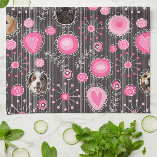 Cute Roze Hart en Bloem Hondenmoeder Fotocollage Theedoek (Gevouwen)