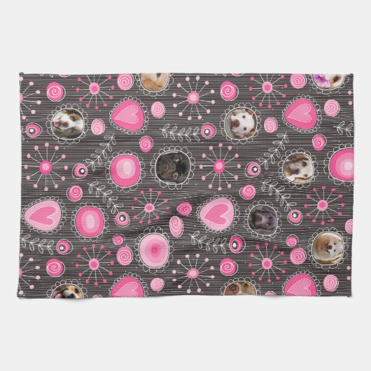 Cute Roze Hart en Bloem Hondenmoeder Fotocollage Theedoek (Horizontaal)