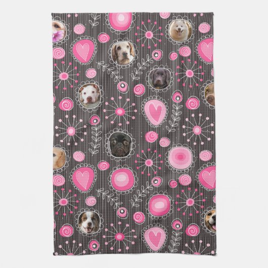 Cute Roze Hart en Bloem Hondenmoeder Fotocollage Theedoek (Verticaal)