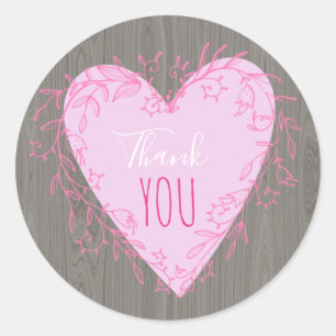 Cute Roze Hart Met Doodle Frame op Houten Bedank Ronde Sticker