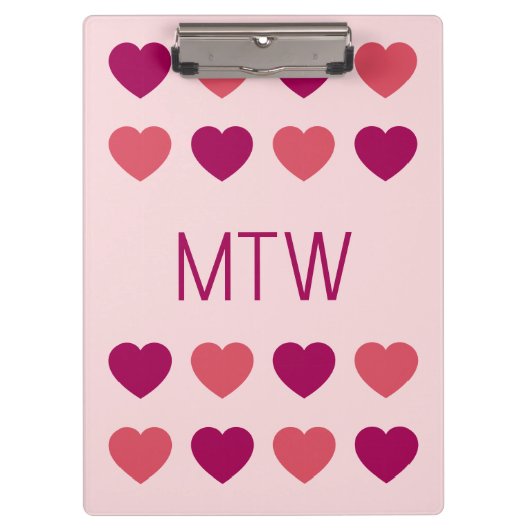 Cute Roze Harten Initialen Monogram Klembord (Voorkant)