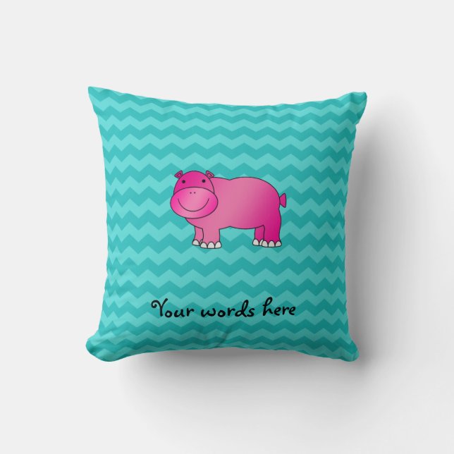 Cute roze hippo turquoise chevrons kussen (Voorkant)