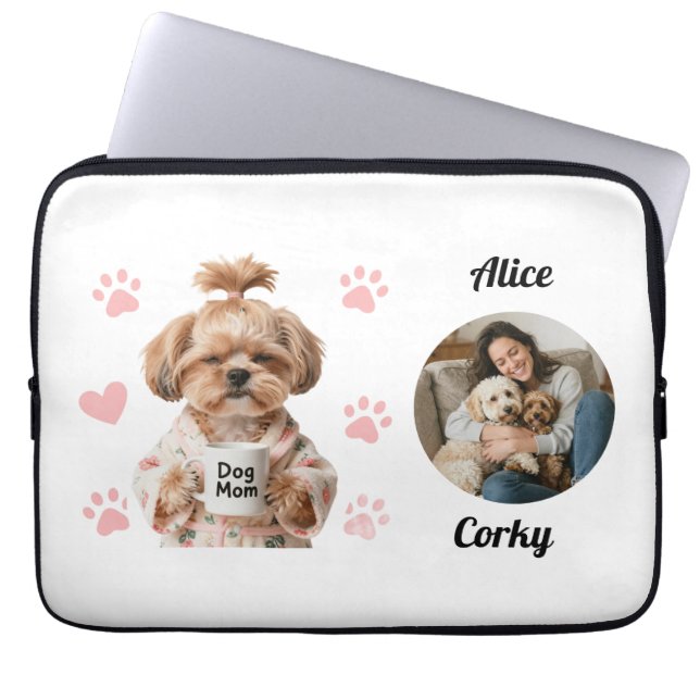 Cute Roze Hond Moeder Foto Naam Laptop Sleeve (Voorkant)