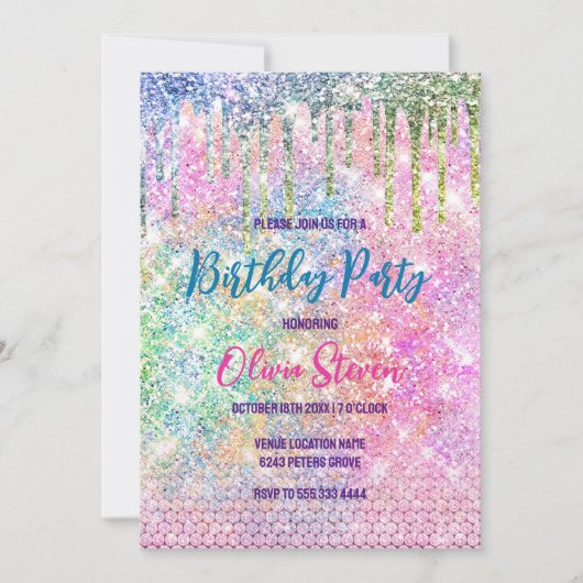 Cute roze iridescent unicorn faux glitter monogram kaart (Voorkant)