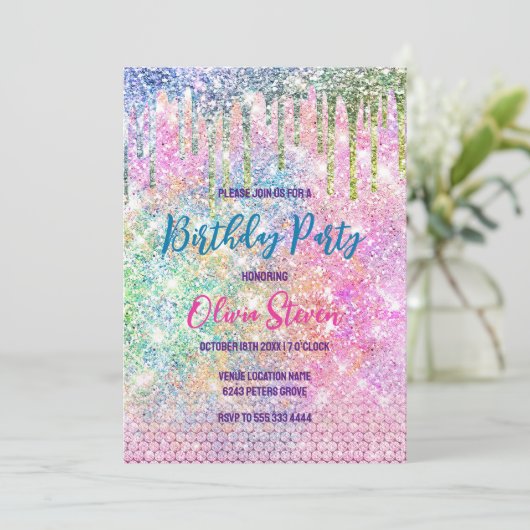 Cute roze iridescent unicorn faux glitter monogram kaart (Staand voorkant)